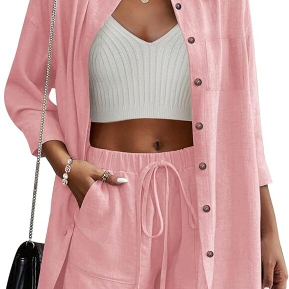 Beyove Tops - Beyove Women's Cotton Linen Set Button Down 3/4 Sleeve, Size S